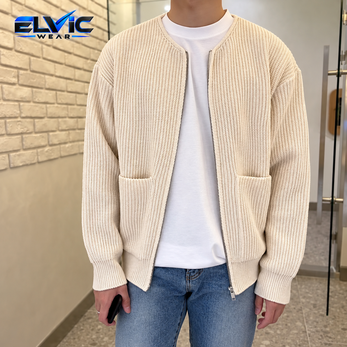 ELVic Wear™ Men's Zip-Up Knitted Funnel Neck Cardigan