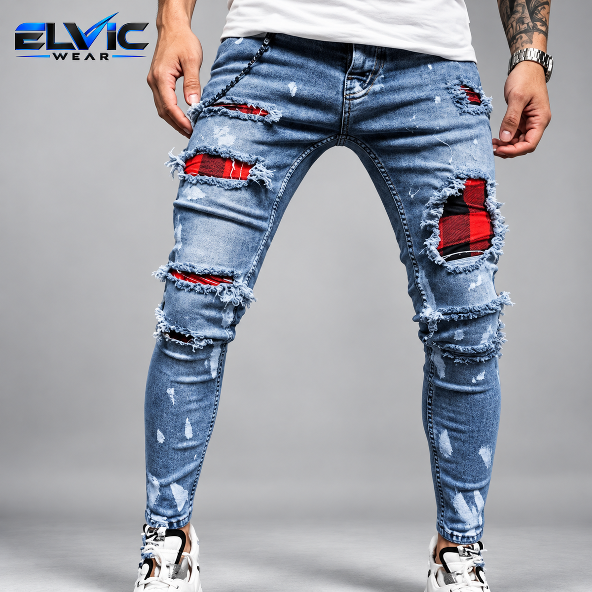 ELVic Wear™ Men's Distressed Ripped Biker Jeans