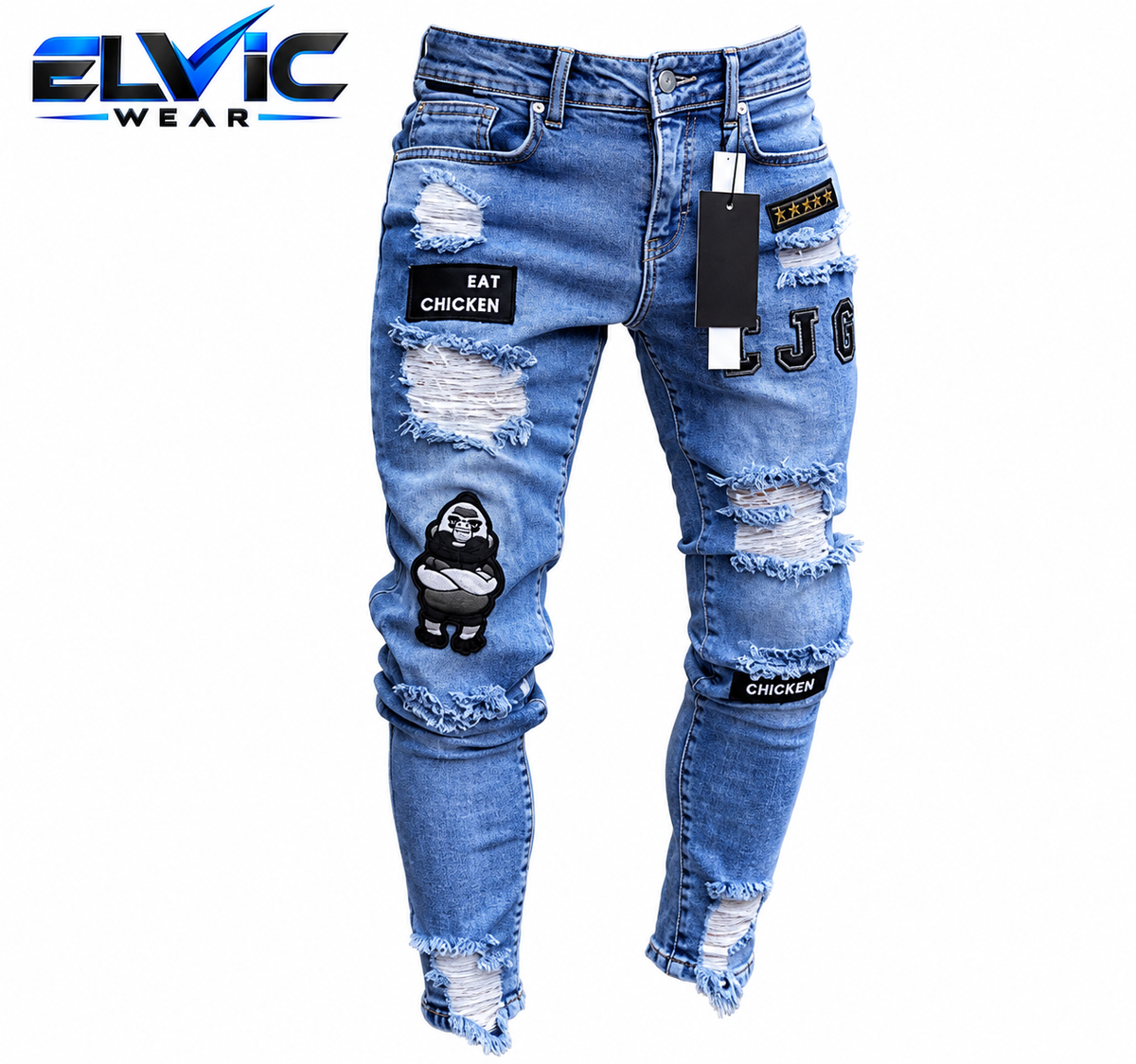 ELVic Wear™ Men's Distressed Patchwork Ripped Streetwear Jeans