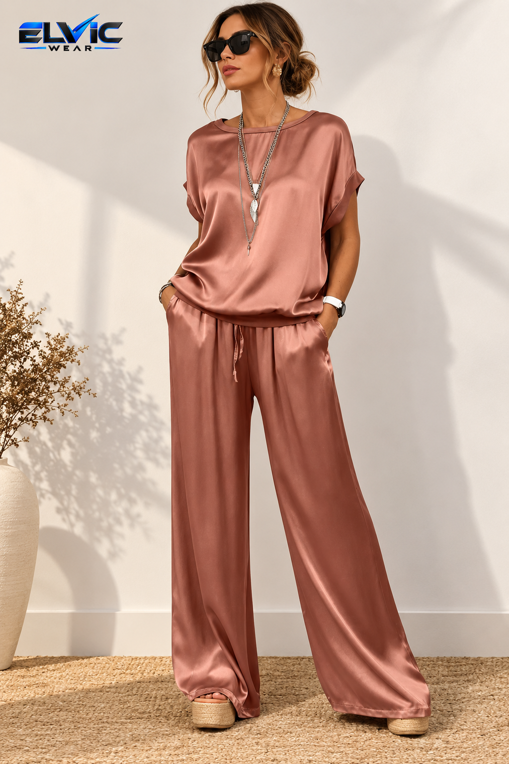 ELVic Wear™ Women's Relaxed Shirt & Wide-Leg Pants Set
