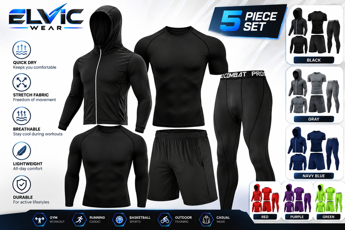 ELVic Wear™ Men's 5-Piece Compression Workout Set – Quick-Dry Gym & Running Activewear