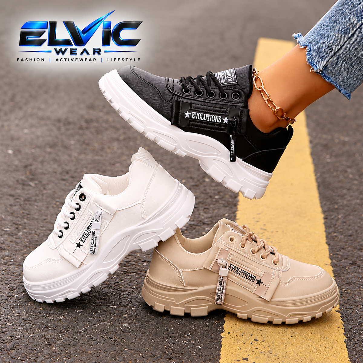 ELVic Wear™ UrbanZip Women’s Chunky Sneakers – Lace-Up Side-Zip Casual Shoes