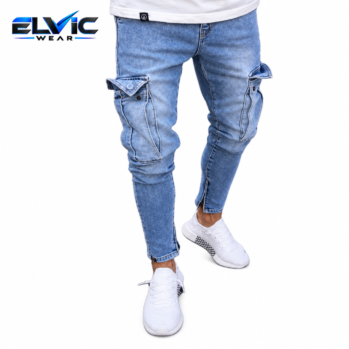 ELVic Wear™ Men's Distressed Slim-Fit Cargo Biker Jeans