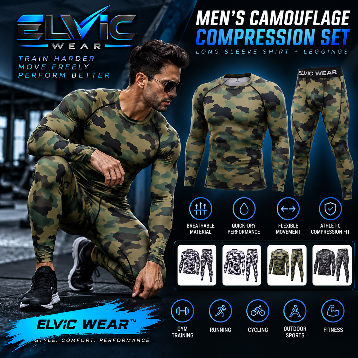 ELVic Wear™ Men's Camouflage Compression Set – Long Sleeve Athletic Shirt & Leggings