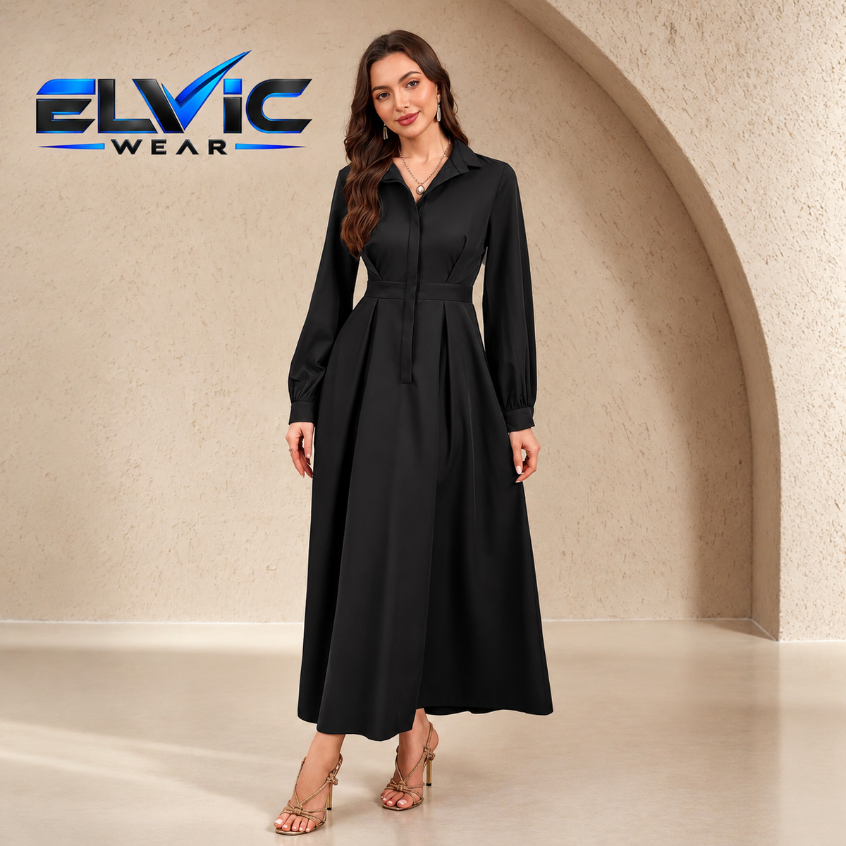 ELVic Wear™ Women's Elegant Long Sleeve A-Line Maxi Shirt Dress