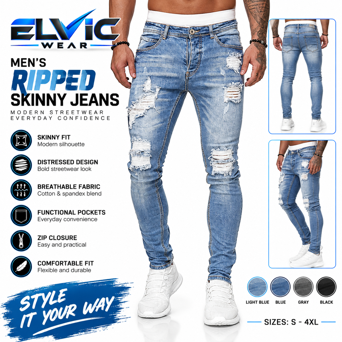 ELVic Wear™ Men's Distressed Ripped Skinny Fit Denim Jeans