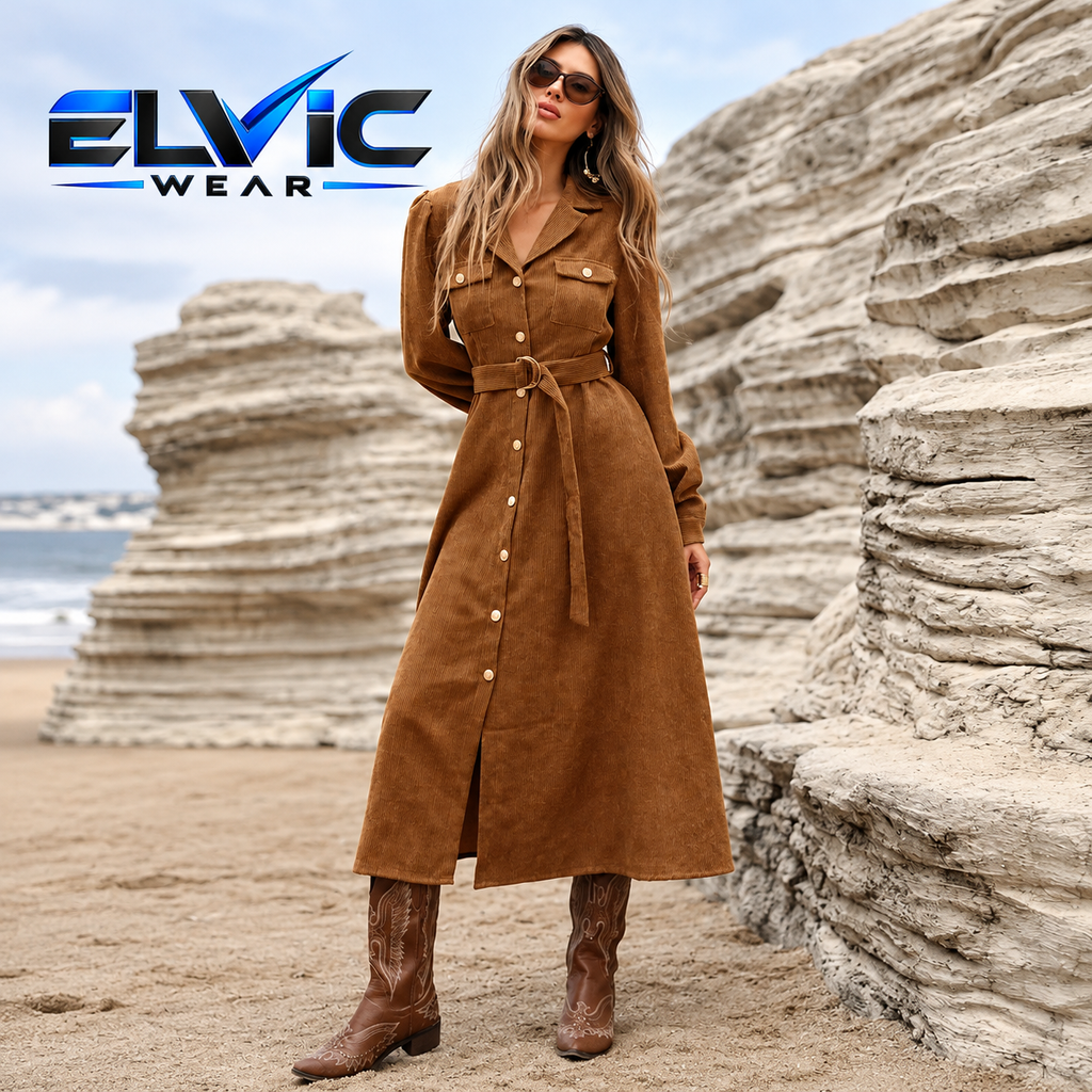ELVic Wear™ Women's Corduroy Belted Long Sleeve Shirt Dress