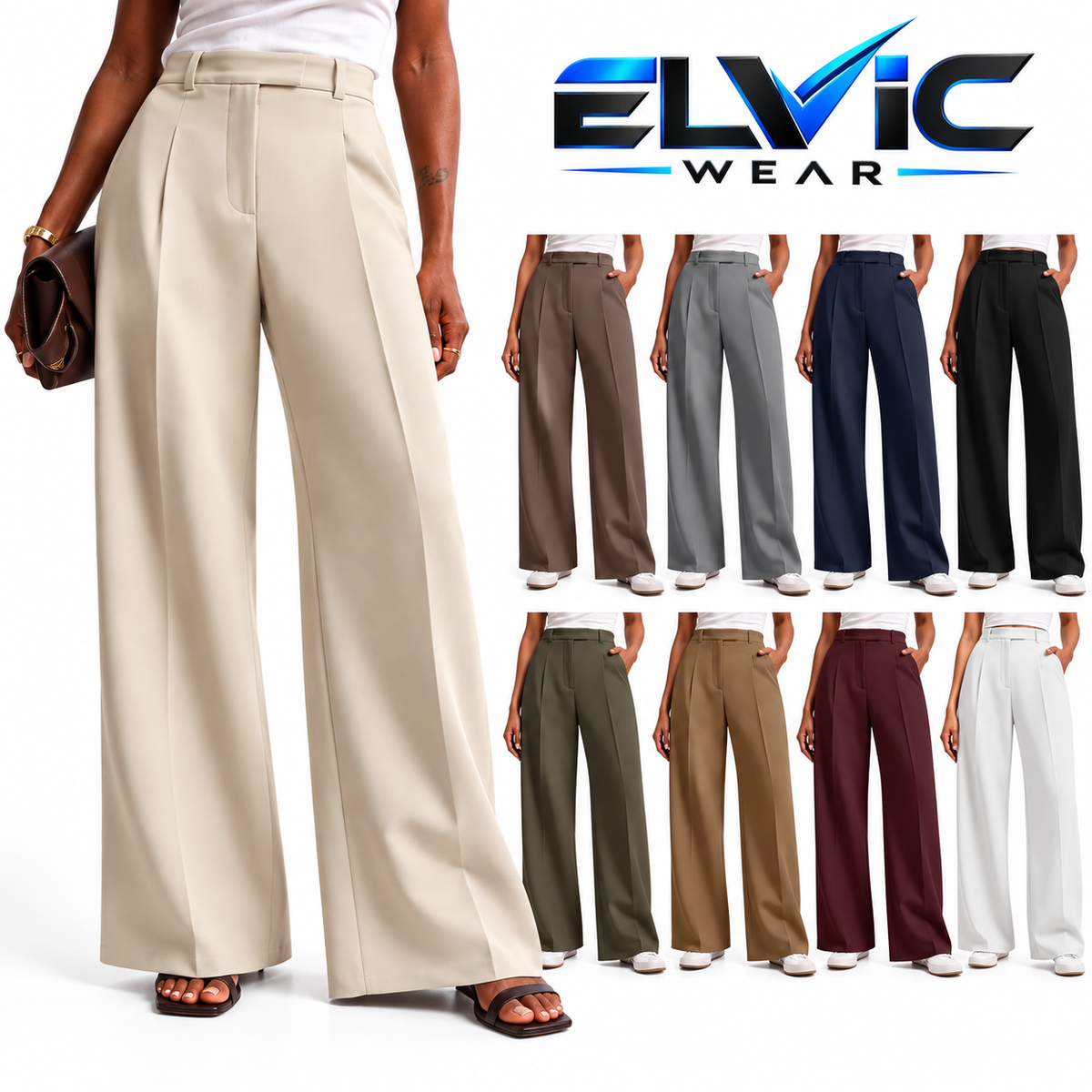 ELVic Wear™ Women's High-Waisted Wide-Leg Suit Trousers – Elegant Office & Casual Pants