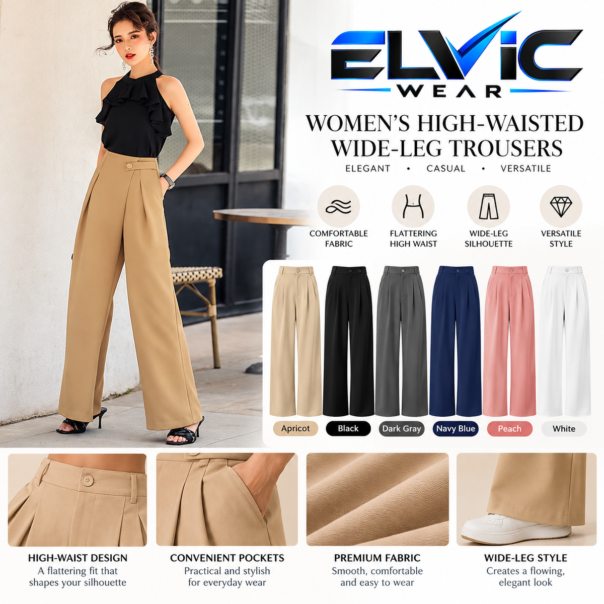 ELVic Wear™ Women's High-Waisted Wide-Leg Trousers – Elegant Casual Pants