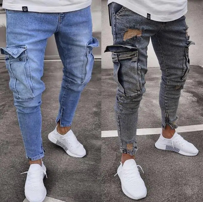 ELVic Wear™ Men's Distressed Slim-Fit Cargo Biker Jeans