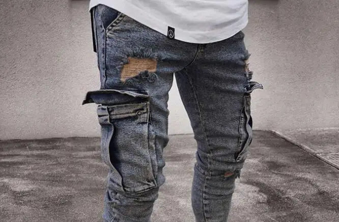ELVic Wear™ Men's Distressed Slim-Fit Cargo Biker Jeans