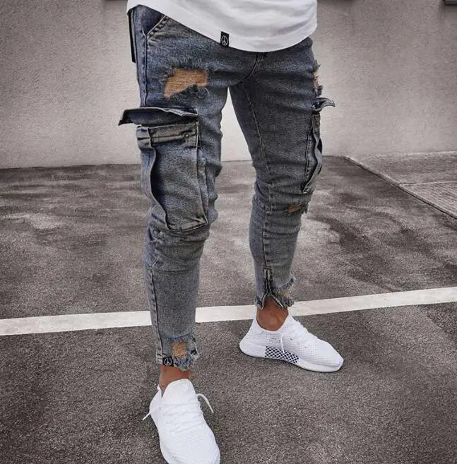 ELVic Wear™ Men's Distressed Slim-Fit Cargo Biker Jeans