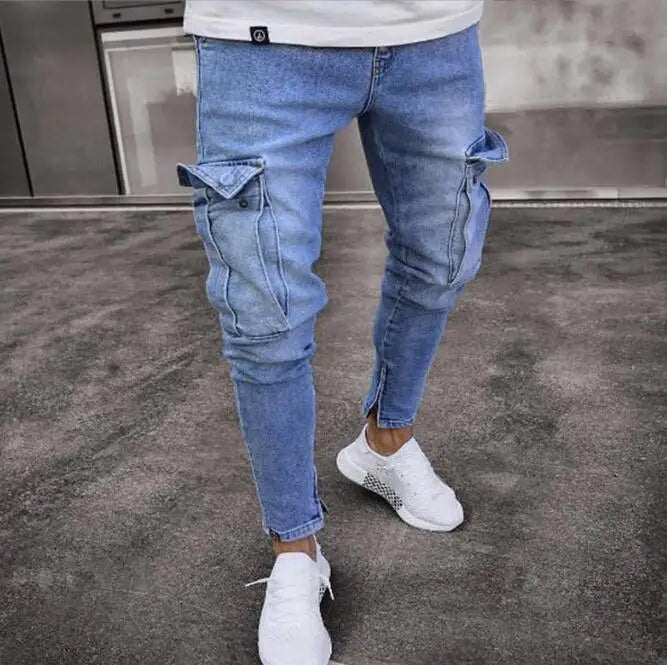 ELVic Wear™ Men's Distressed Slim-Fit Cargo Biker Jeans