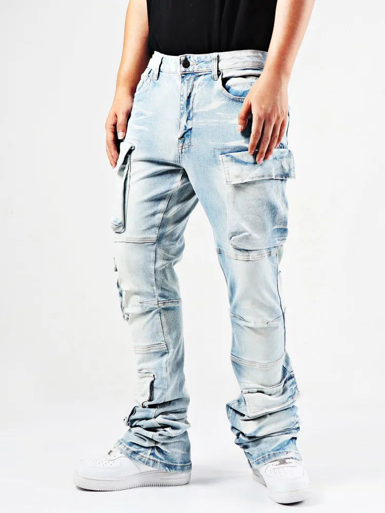 ELVic Wear™ Men's Light Wash Multi-Pocket Stacked Flared Jeans