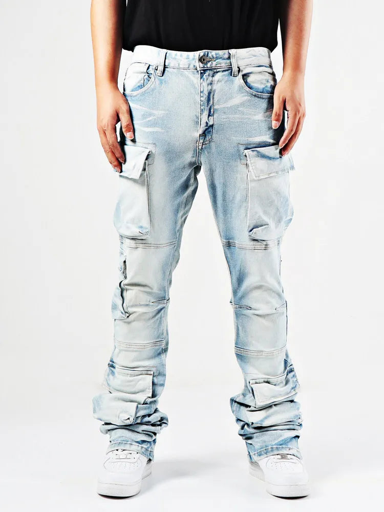 ELVic Wear™ Men's Light Wash Multi-Pocket Stacked Flared Jeans