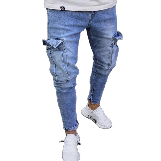 ELVic Wear™ Men's Distressed Slim-Fit Cargo Biker Jeans