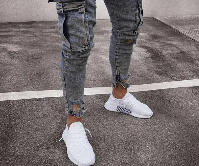 ELVic Wear™ Men's Distressed Slim-Fit Cargo Biker Jeans