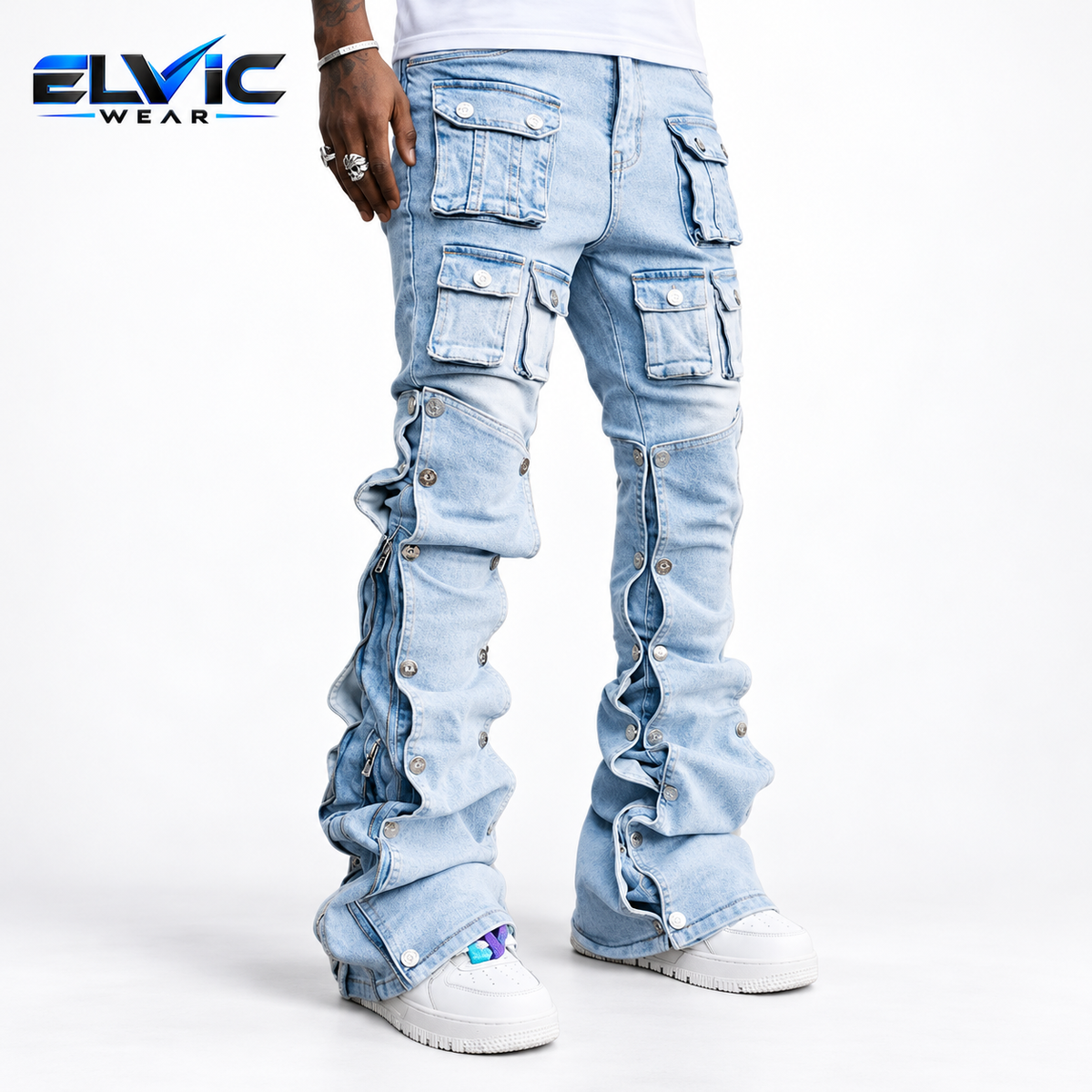 ELVic Wear™ Men's Light Wash Multi-Pocket Stacked Flared Jeans