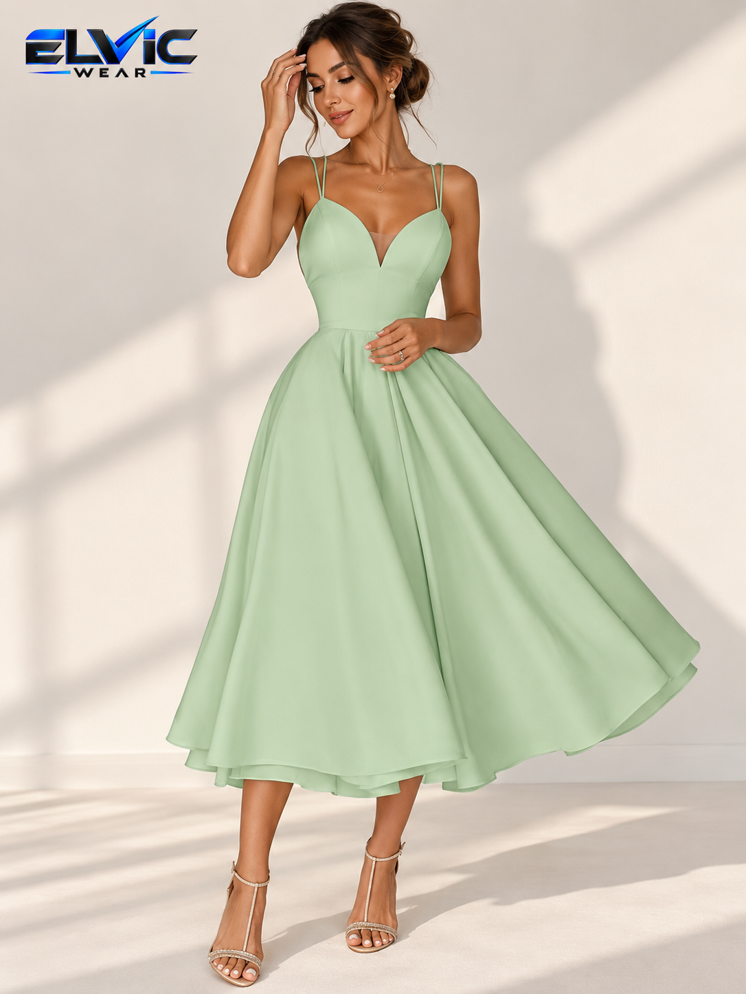 ELVic Wear™ Women's V-Neck A-Line Midi Dress