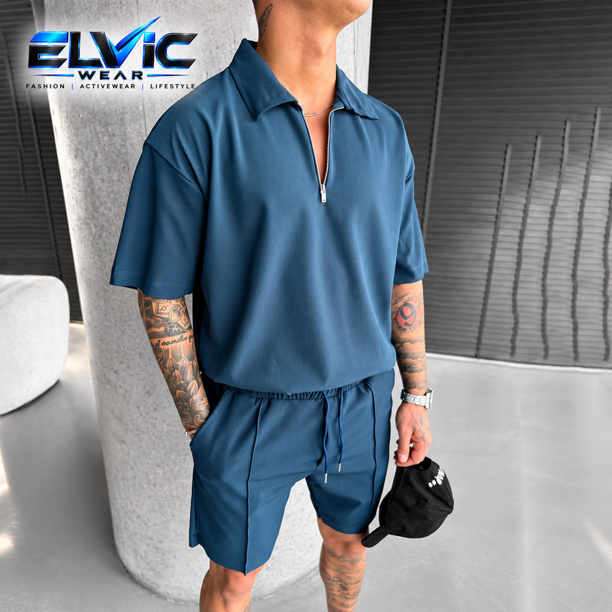 ELVic Wear™ Men's Zip-Neck Polo & Drawstring Shorts Set