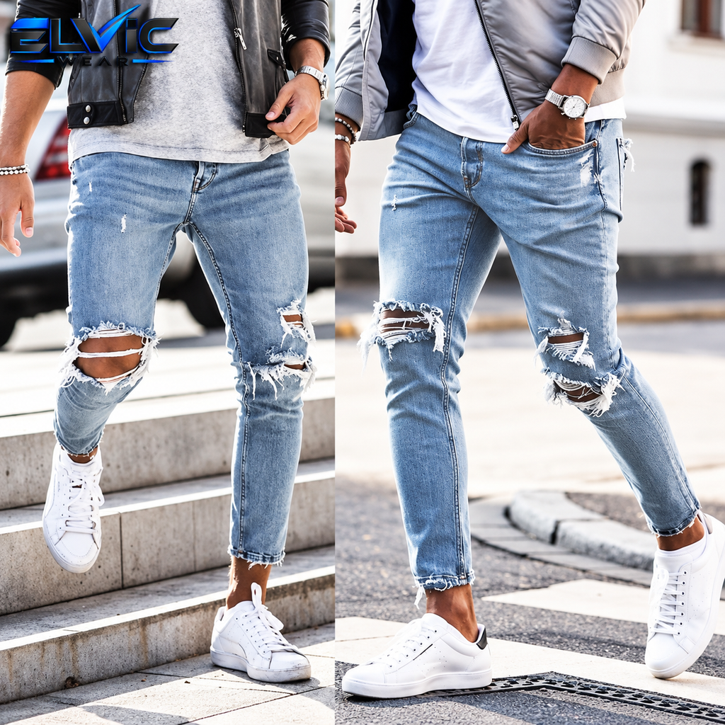 ELVic Wear™ Men's Distressed Slim-Fit Stretch Denim Jeans