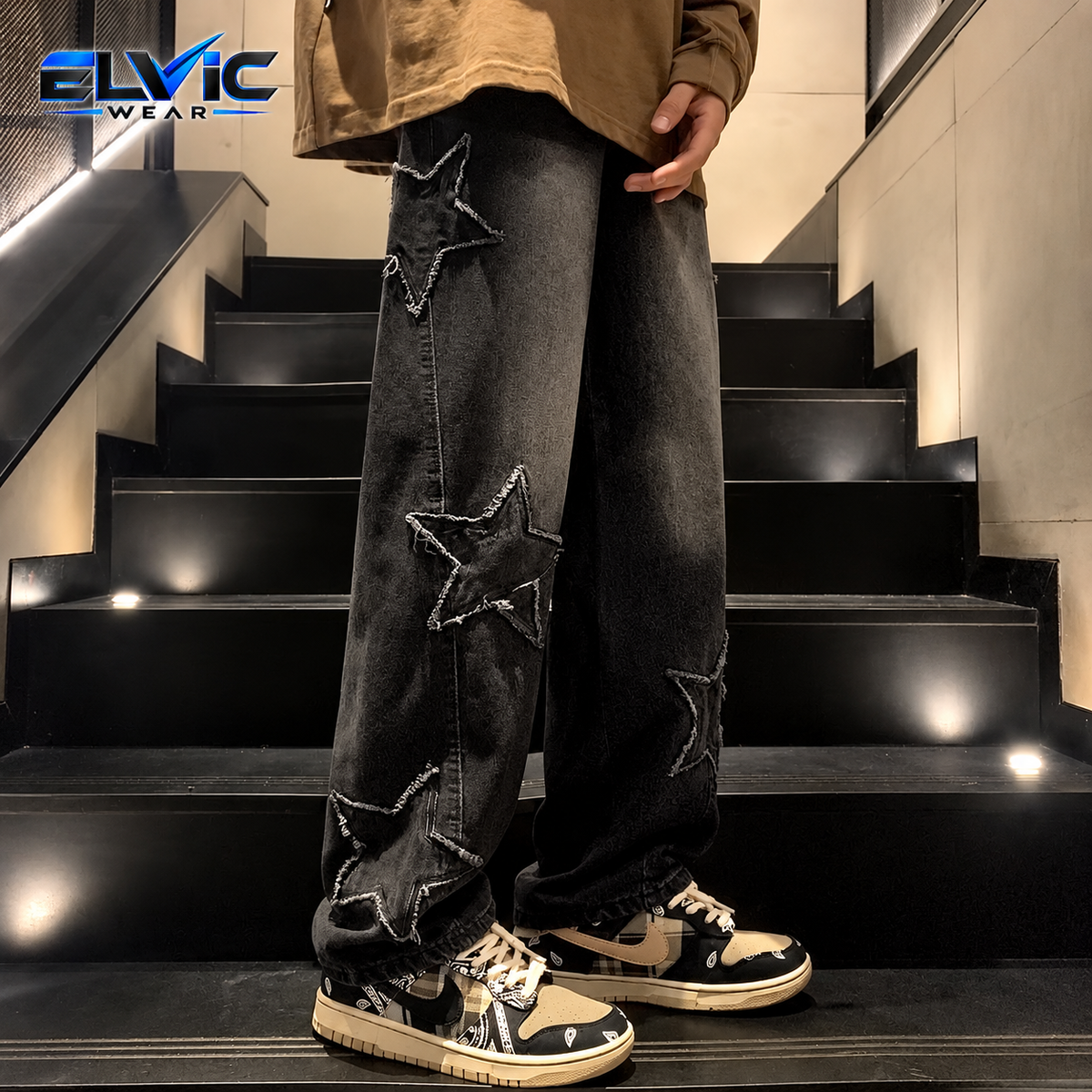 ELVic Wear™ Men's Star Embroidery Wide-Leg Jeans